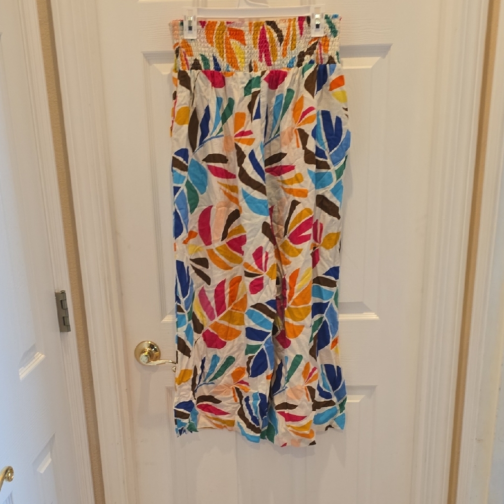 Colorful Leaf Print Wide Leg Pants